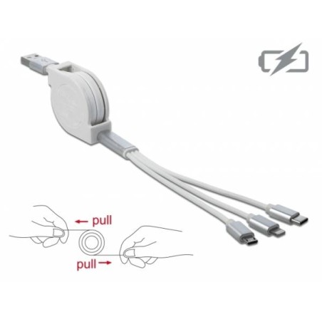 Delock - Kabel Lightning - USB s piny (male) do Micro USB typ B, Lightning, USB-C s piny (male) - 98 cm - bílá - vysunutelný
