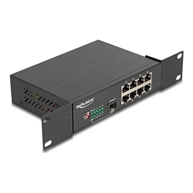 Delock - Prepínac - 10" - 8 x 10/100/1000 + 1 x Gigabit SFP (uplink) - Lze montovat do rozvadece, pro pripevnení na zed