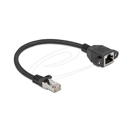 Delock - Sítový prodlužovací kabel - RJ-45 (M) do RJ-45 (F) šroubovací - 25 cm - S/FTP - CAT 6a - neobsahuje halogen, plochý