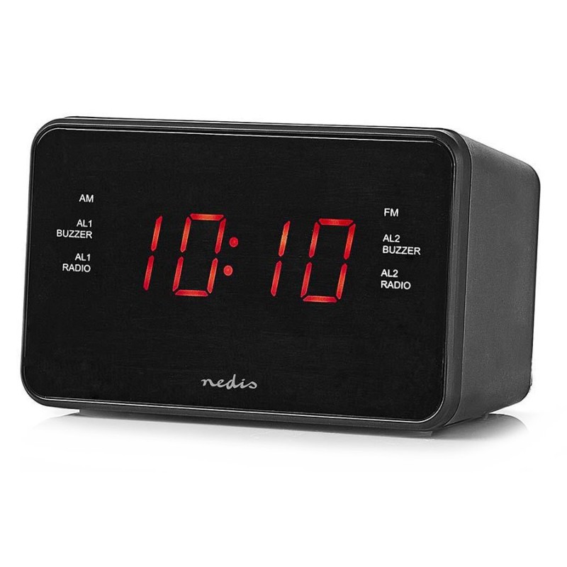 NEDIS digitální budík s rádiem/ LED displej/ 3,5 mm jack/ AM/ FM/ odložené buzení/ časovač vypnutí/ 2 alarmy/ černý