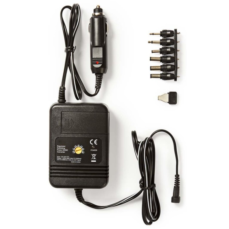 NEDIS univerzální DC/DC napájecí adaptér/ auto adaptér/ 24 W/ 1.5 / 3 / 4.5 / 6 / 7.5 / 9 / 12 V DC/ 24 V DC/ 2 A/ černý