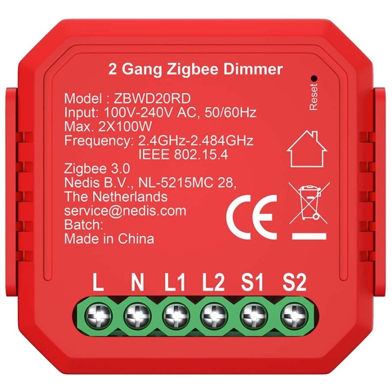 NEDIS chytrý duální spínač osvětlení/ 2x 100W/ připojení terminálu/ Zigbee 3.0/ Android/ iOS/ Nedis® SmartLife/ červený