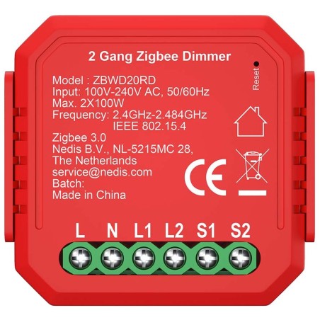 NEDIS chytrý duální spínač osvětlení/ 2x 100W/ připojení terminálu/ Zigbee 3.0/ Android/ iOS/ Nedis® SmartLife/ červený