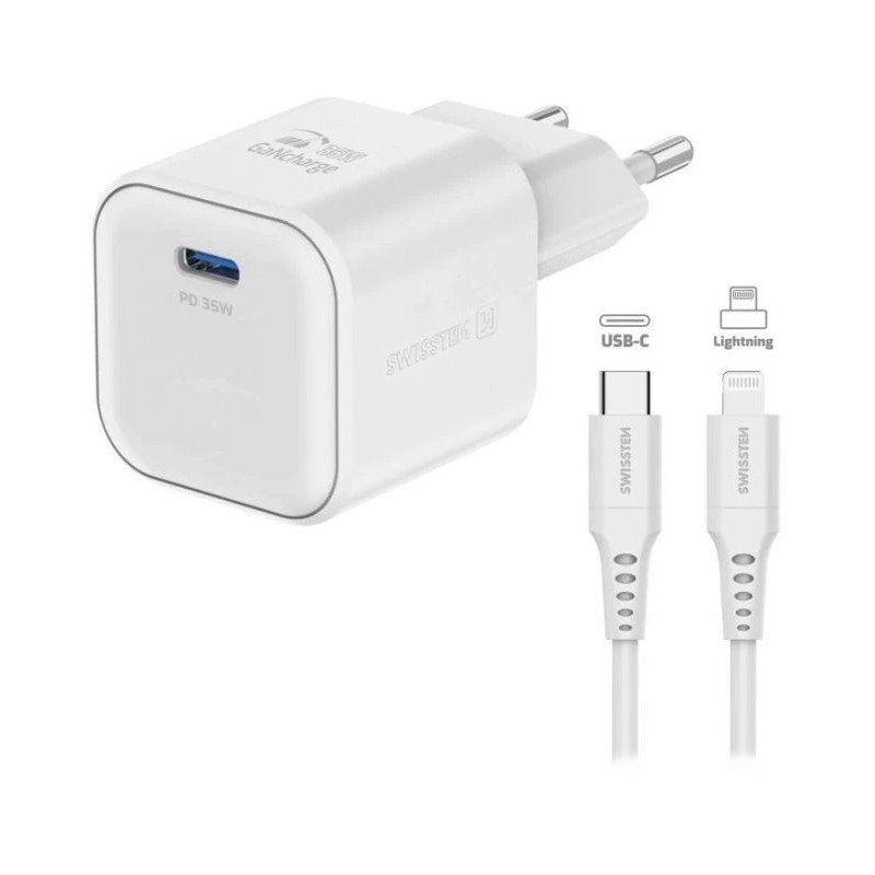 Swissten síťový adaptér gan 1x usb-c 35w power delivery bílý + datový kabel usb-c/lightning 1,2 m bílý
