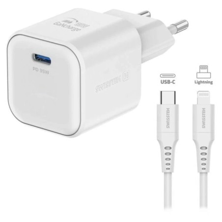 Swissten síťový adaptér gan 1x usb-c 35w power delivery bílý + datový kabel usb-c/lightning 1,2 m bílý