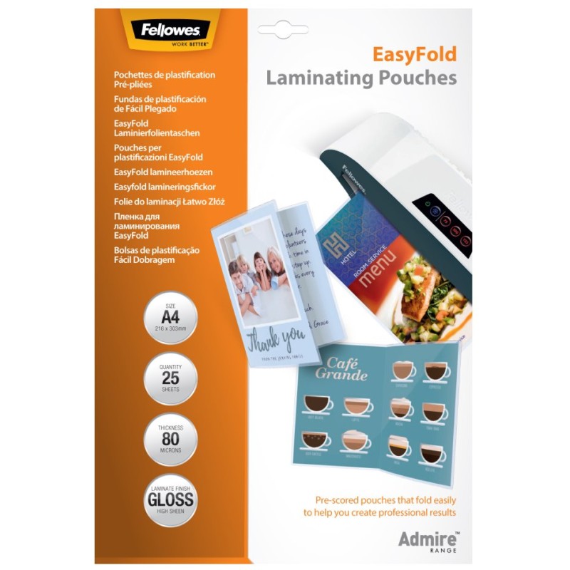 FELLOWES laminovací fólie/ formát A4/ 80 mic/ s rýhou uprostřed pro snadné složení/ lesklé/ 25 pack