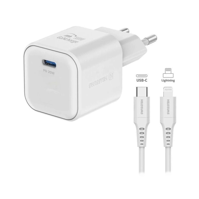 Swissten síťový adaptér gan 1x usb-c 20w power delivery bílý + datový kabel usb-c/lightning 1,2 m bílý
