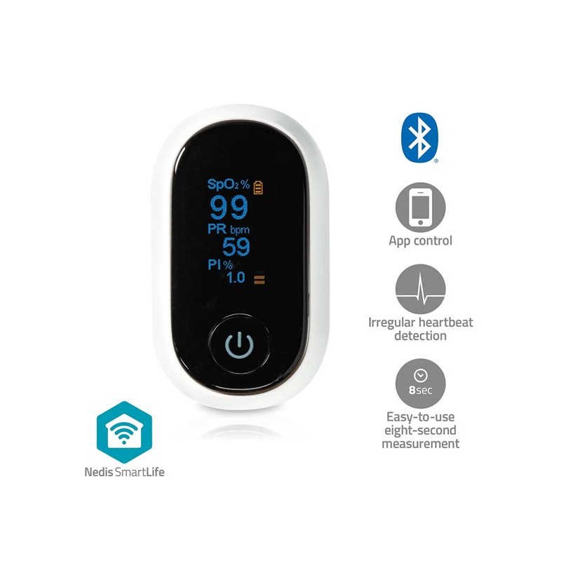 NEDIS chytrý pulzní oxymetr/ Bluetooth/ OLED displej/ Perfuzní index/ Pulzní frekvence/ Rušení proti pohybu/ Saturace ky