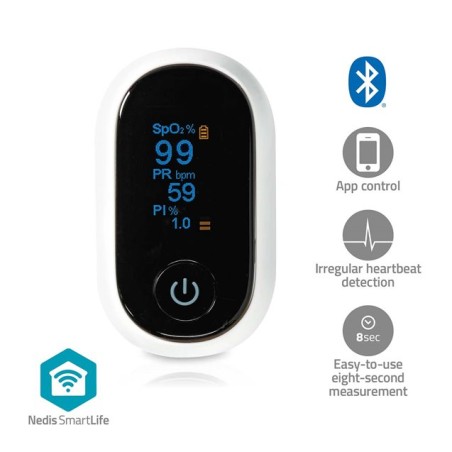 NEDIS chytrý pulzní oxymetr/ Bluetooth/ OLED displej/ Perfuzní index/ Pulzní frekvence/ Rušení proti pohybu/ Saturace ky