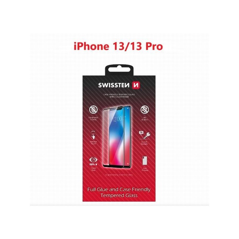 Swissten sklo Full glue, Color Frame, Case Friendly Apple iPhone 13/13 PRO černé