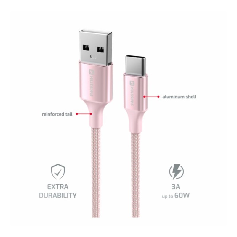 Swissten datový kabeltextile ii usb / usb-c 1,5 m růžový