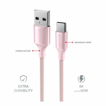 Swissten datový kabeltextile ii usb / usb-c 1,5 m růžový