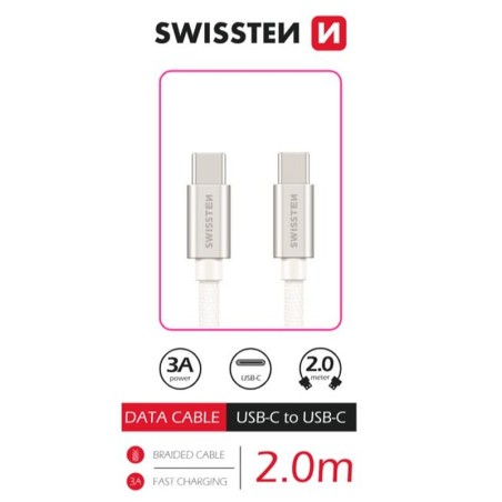 Swissten datový kabel USB-C / USB-C s textilním opletem, 2,0 M Stŕíbrný