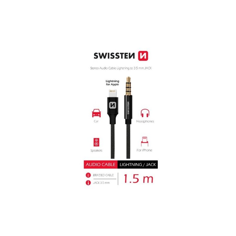 Swissten audio adaptértextile lightning (samec)/3,5 mm jack(samec) 1,5 m černý