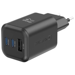 Swissten síťový adaptér gan 2x usb-c 65w pd + 1x usb-a 18w qc černý