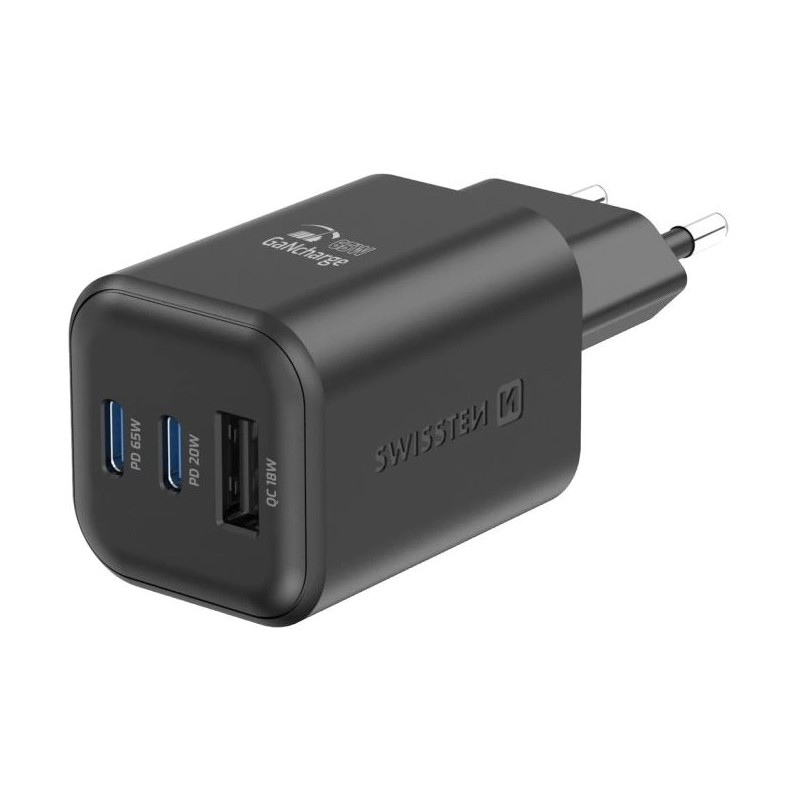 Swissten síťový adaptér gan 2x usb-c 65w pd + 1x usb-a 18w qc černý