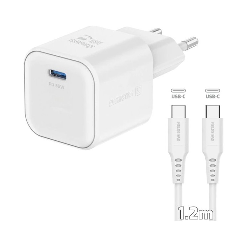 Swissten síťový adaptér gan 1x usb-c 35w power delivery bílý + datový kabel usb-c/usb-c 1,2 m bílý