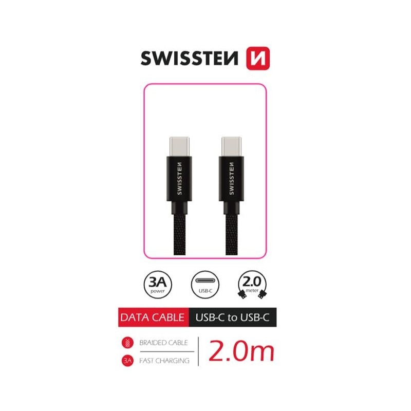 Swissten datový kabel USB-C / USB-C s textilním opletem, 2,0 M Černý