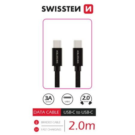 Swissten datový kabel USB-C / USB-C s textilním opletem, 2,0 M Černý