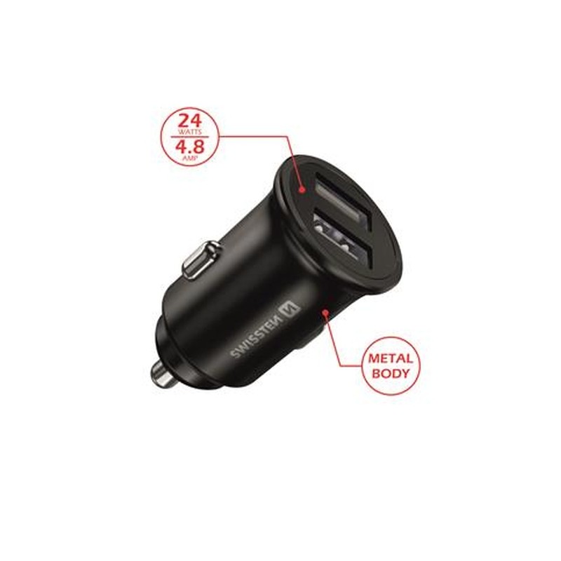 Swissten cl adaptér 2x usb 4,8a metal černý