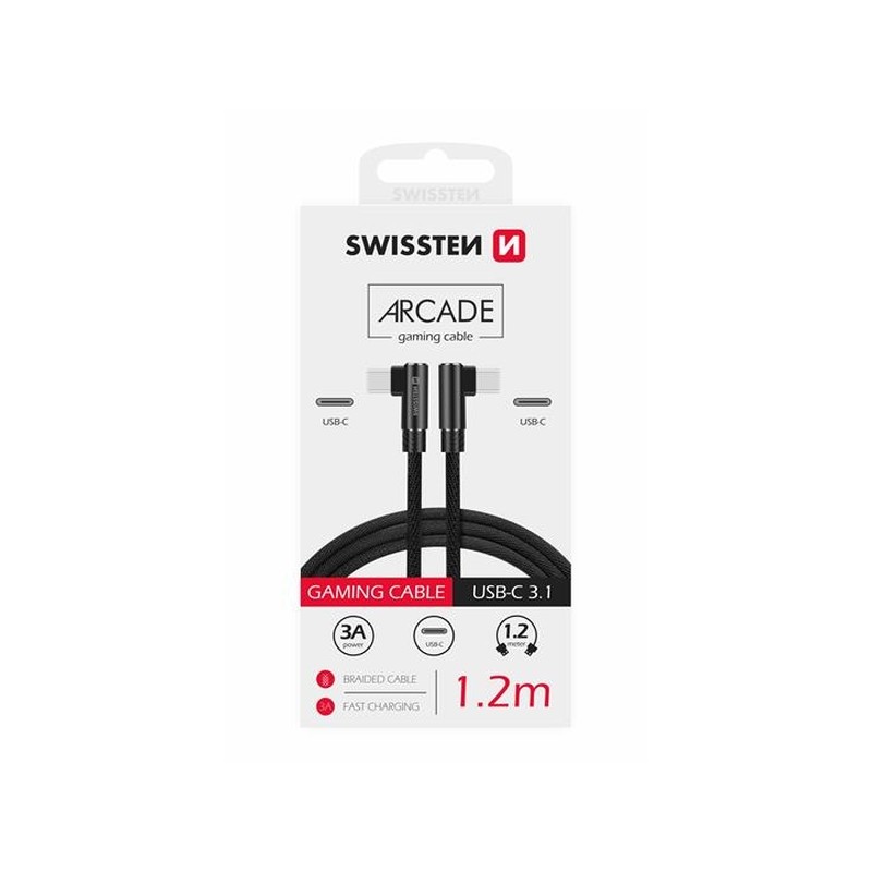 Swissten textilní datový kabel Arcade USB-C / USB-C 1,2 M /L konektory/ Černý