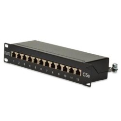 DIGITUS 10" CAT 5e patch panel, stíněný, 12-port RJ45, 8P8C, LSA, 1U, černý RAL 9005