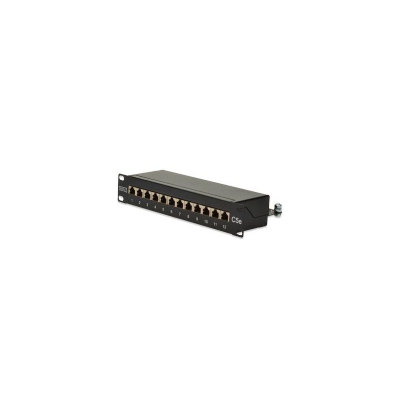 DIGITUS 10" CAT 5e patch panel, stíněný, 12-port RJ45, 8P8C, LSA, 1U, černý RAL 9005