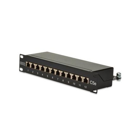 DIGITUS 10" CAT 5e patch panel, stíněný, 12-port RJ45, 8P8C, LSA, 1U, černý RAL 9005
