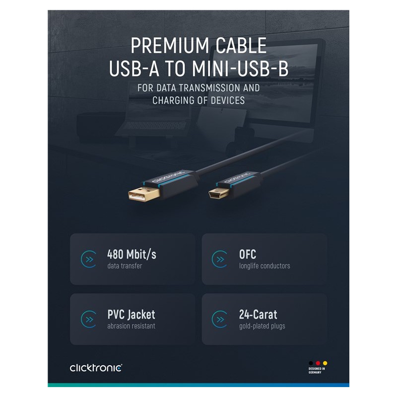 ClickTronic HQ OFC USB2.0 kabel, A-B mini, 5pinů, zlacené, 1.8m