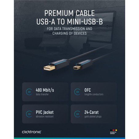 ClickTronic HQ OFC USB2.0 kabel, A-B mini, 5pinů, zlacené, 1.8m