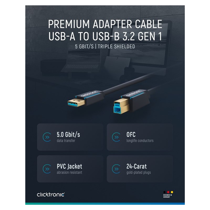 ClickTronic HQ OFC USB3.0 kabel, A-B, zlacené konektory, 0,5m