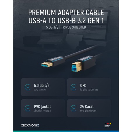 ClickTronic HQ OFC USB3.0 kabel, A-B, zlacené konektory, 0,5m