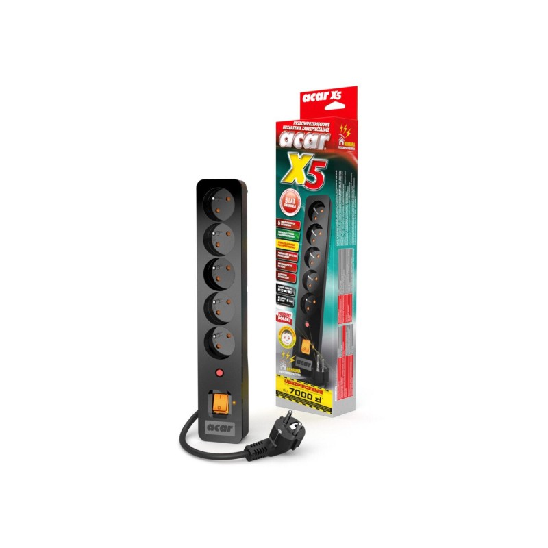 Acar X5 3m kabel, 5 zásuvek, přepěťová ochrana, černý