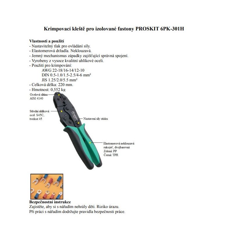 PROSKIT Krimpovací kleště pro izolované fastony 220mm