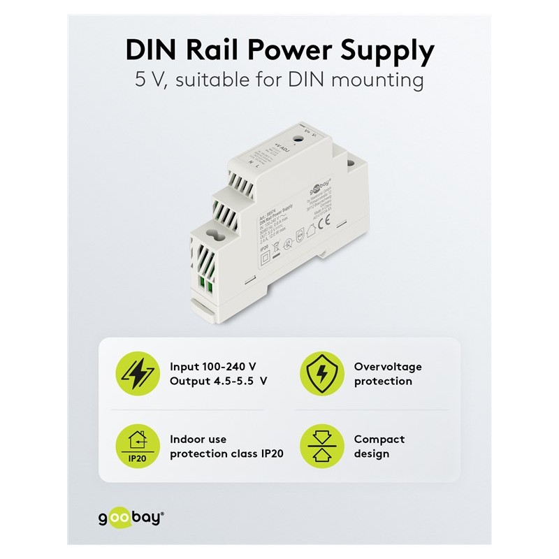 goobay napájecí zdroj do DIN lišty 5 V (DC), max.proud 2.4 A, výkon 12 W