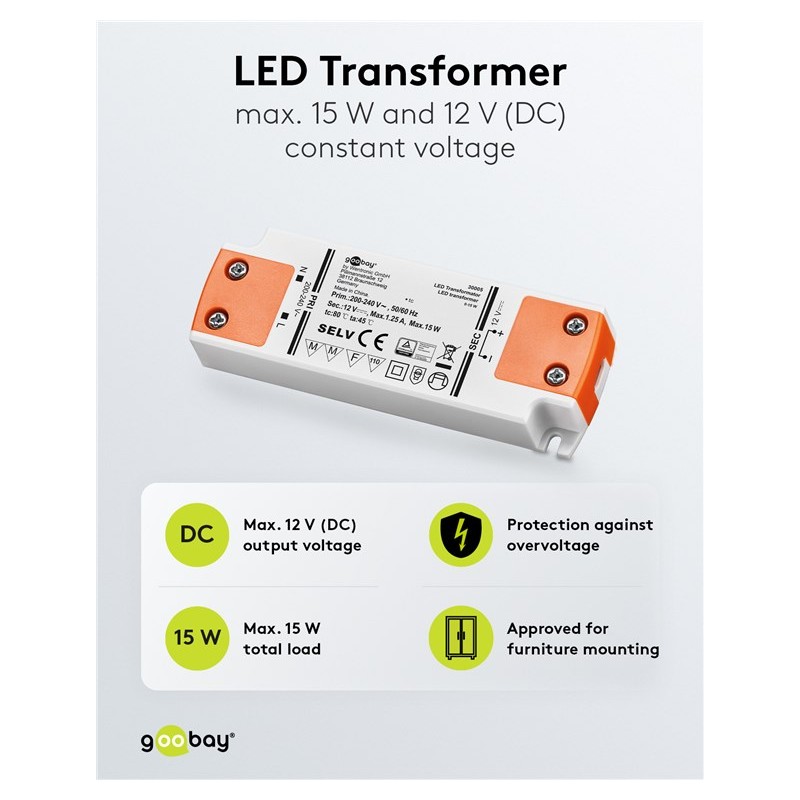 goobay LED transformátor s napětím 12V pro LED pásky, výkon 15W