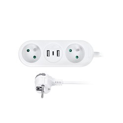 Solight 2z + USB A+C 17W, cestovní prodlužovací přívod 1.5m, bílý
