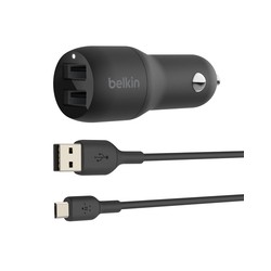 Belkin Dual USB-A Charger Car/W/Micro-USB Cable 1M 24W Black