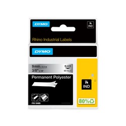 Dymo RHINO Tape Ind Polyester/9MM X 5.5M Black ON Metallic