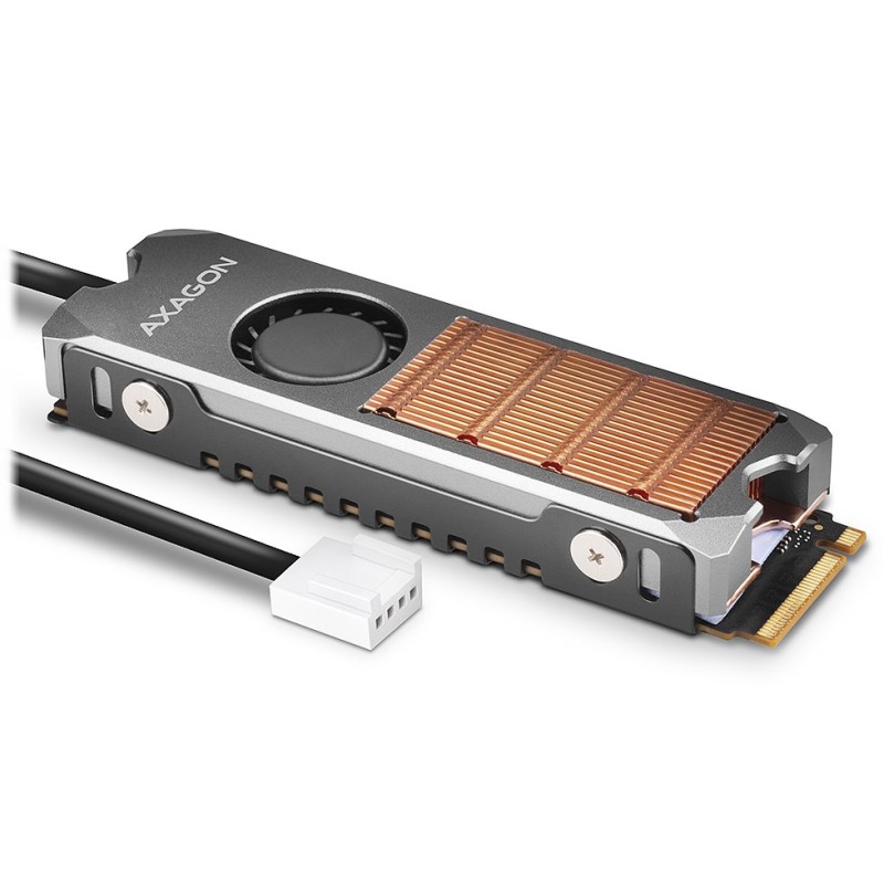 AXAGON CLR-M2FAN, měděný chladič s ventilátorem pro jedno i oboustranný M.2 SSD disk, výška 13 mm