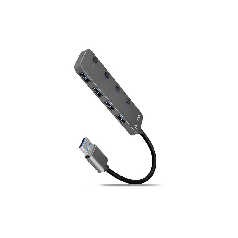 AXAGON HUE-MSA, 4x USB 3.2 Gen 1 SWITCH hub, kovový, micro USB nap. konektor, kabel USB-A 20cm