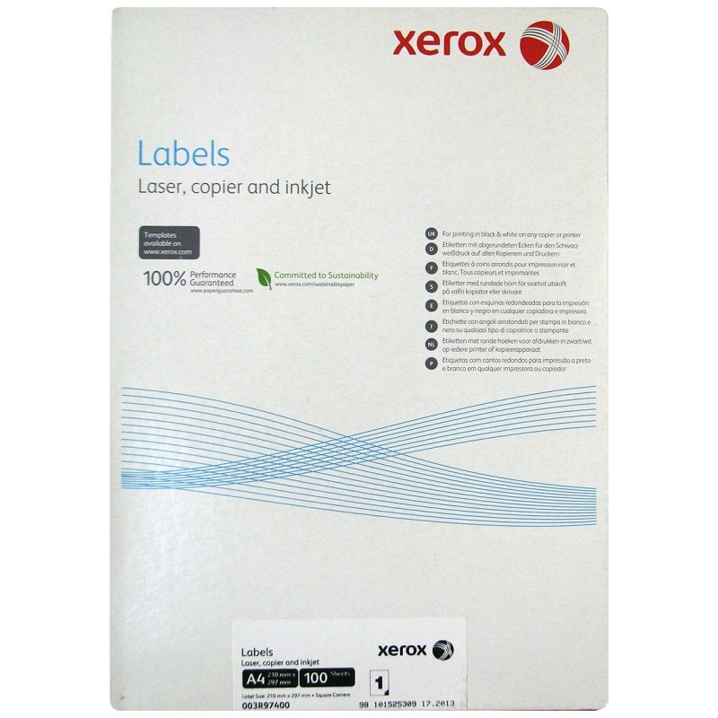 Xerox Papír - Bílé samolepicí štítky pro černobílý tisk - ostré rohy (Labels 1UP 210x297, 100 listů, A4)