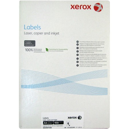 Xerox Papír - Bílé samolepicí štítky pro černobílý tisk - ostré rohy (Labels 1UP 210x297, 100 listů, A4)
