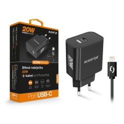 Chytrá síťová nabíječka ALIGATOR Power Delivery 20W, USB-C kabel pro iPhone/iPad, černá