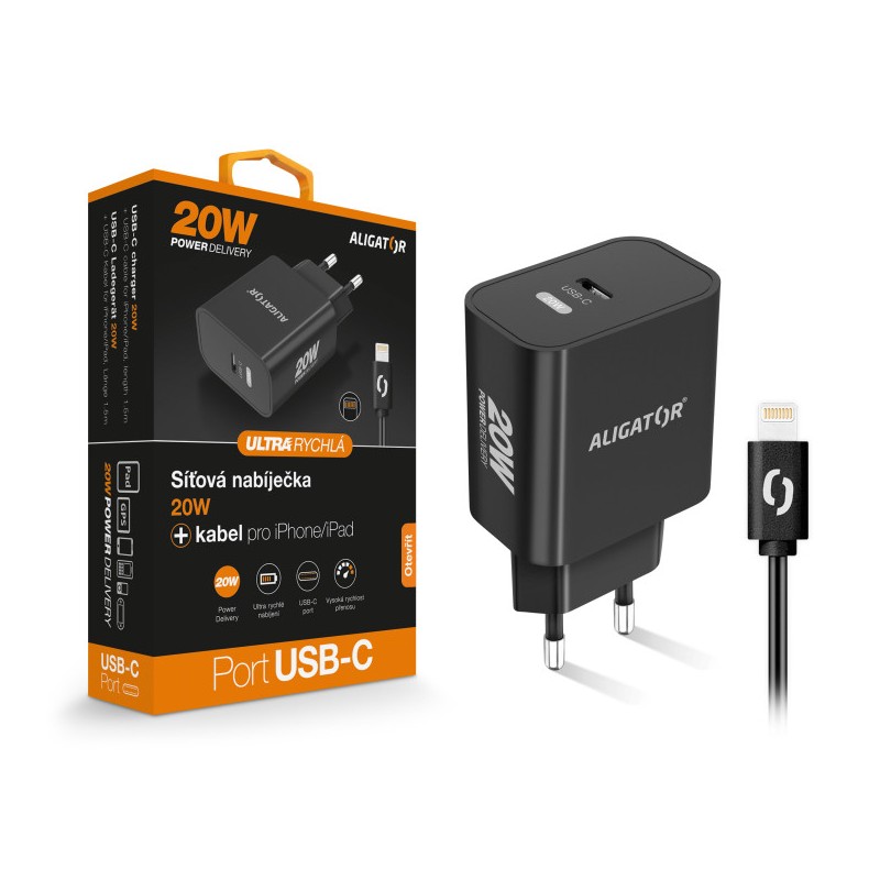 Chytrá síťová nabíječka ALIGATOR Power Delivery 20W, USB-C kabel pro iPhone/iPad, černá