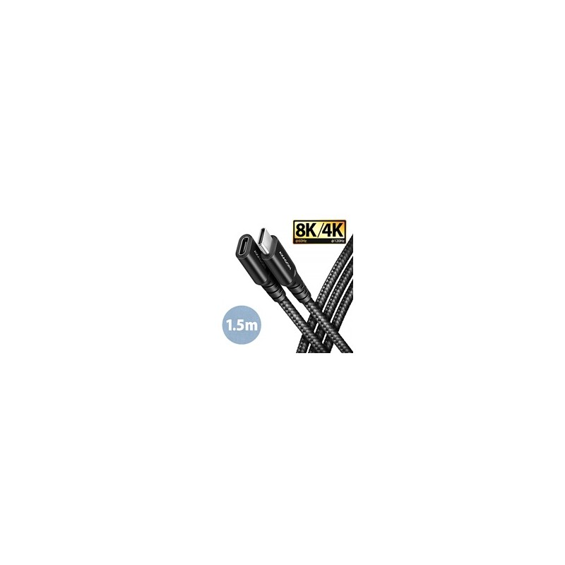 AXAGON BUCM32-CF15AB prodlužovací kabel USB-C (M) - USB-C (F), 1.5m, USB 20Gbps, PD 240W 5A, 8K HD, ALU, oplet, černý