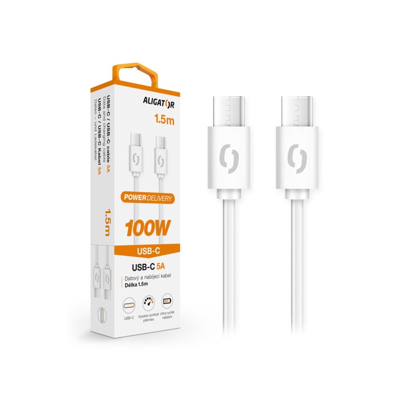 Datový kabel ALIGATOR POWER 100W, USB-C/USB-C 5A, 1,5m bílý