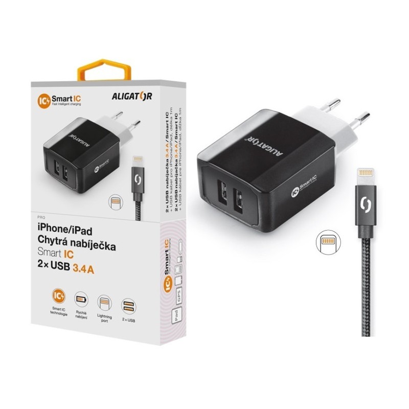 Chytrá síťová nabíječka ALIGATOR 3.4A, 2xUSB, smart IC, černá, kabel pro iPhone/iPad 2A