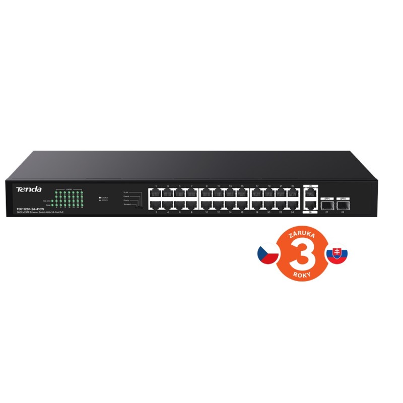 Tenda TEG1128P-24-410W (24xPoE 802.3af/at 10/100/1000Mbps, Uplink 2xRJ45 + 2xSFP) 370W