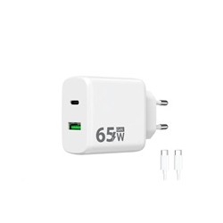 WG - Síťová nabíječka GaN 2x USB 65W, 1x USB-C PD 65W + 1x USB-A QC 3.0 18W, kabel Type-C na Type-C, bílá